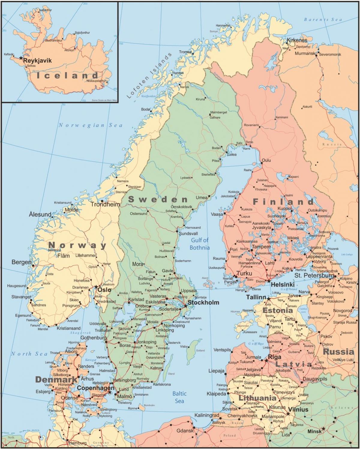 के नक्शे और आसपास के देशों फिनलैंड